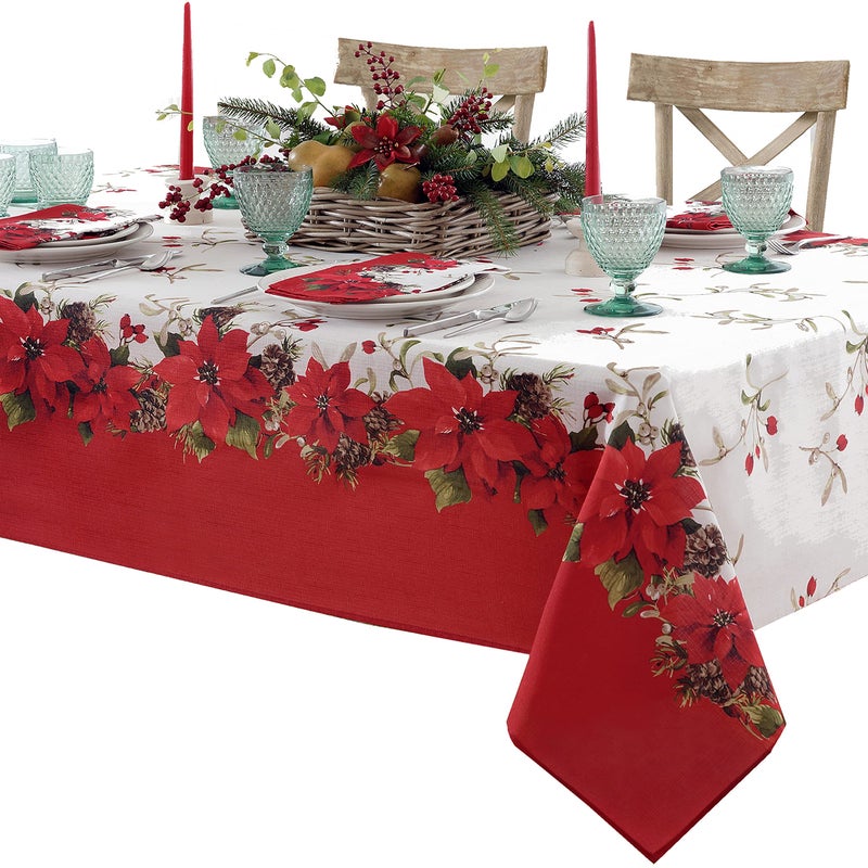 Newbridge Christmas Blooming Poinsettiaâ€™s Double Bordered 60 x 120 inch Rectangle Fabric Tablecloth, Holiday Red and White Poinsettia Dining Table Cover - Image 1
